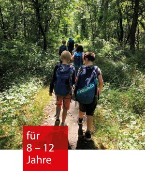 Eine Gruppe von Kindern läuft einen Waldweg entlang