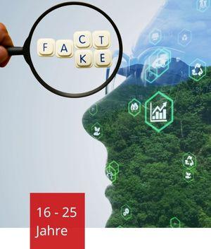Illustration eines menschlichen Profils, gefüllt mit Wald und grünen Nachhaltigkeitssymbolen. Eine Hand hält eine Lupe, die die Wörter FACT und FAKE aus Buchstabensteinen hervorhebt.