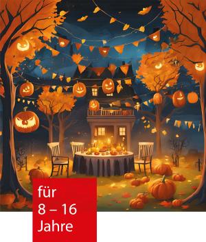 Vor einem rustikalen, hohen Haus steht ein Tisch mit Stühlen. Rechts und links sind Bäume mit orangenen Blättern und über all sind ausgeschnittene Kürbisse. Auch orangene Girlanden hängen zwischen den Bäumen.