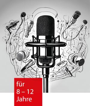 Ein Mikrofon in der Mitte, um welches weitere kleinere Mikrofone schwirren. Dazwischen sind schwarze Linien, die Töne darstellen.