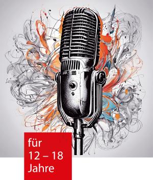 Ein gemaltes Mikrofon in der Mitte. Im Hintergrund sind schwarze und orangene Kleckse und Linien zu sehen.