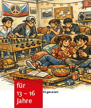 ein gezeichnetes Bild. Es sind junge Menschen in einem Jugendraum, sie liegen auf Kissen oder sitzen und schauen in ihre Handys. Ein Junge und ein Mädchen essen Pizza und 2 Jungs spielen Tischkicker