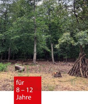 in einem Waldstück mit Lichtung steht ein Tipi aus Holzstämmen